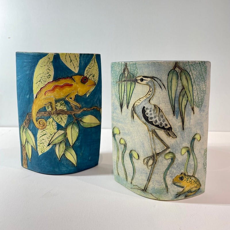 Kingfisher, heron and frog slab vase by Jeanne Jackson