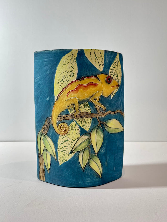 Chameleon and toucan slab vase by Jeanne Jackson