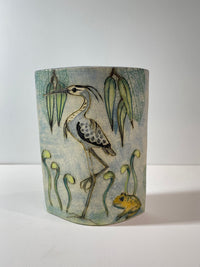 Kingfisher, heron and frog slab vase by Jeanne Jackson