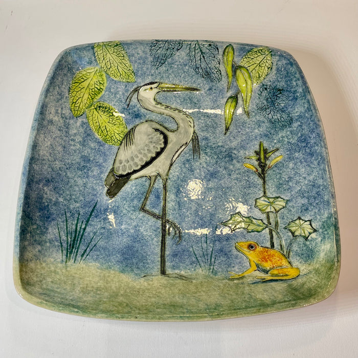 Square heron and frog dish by Jeanne Jackson