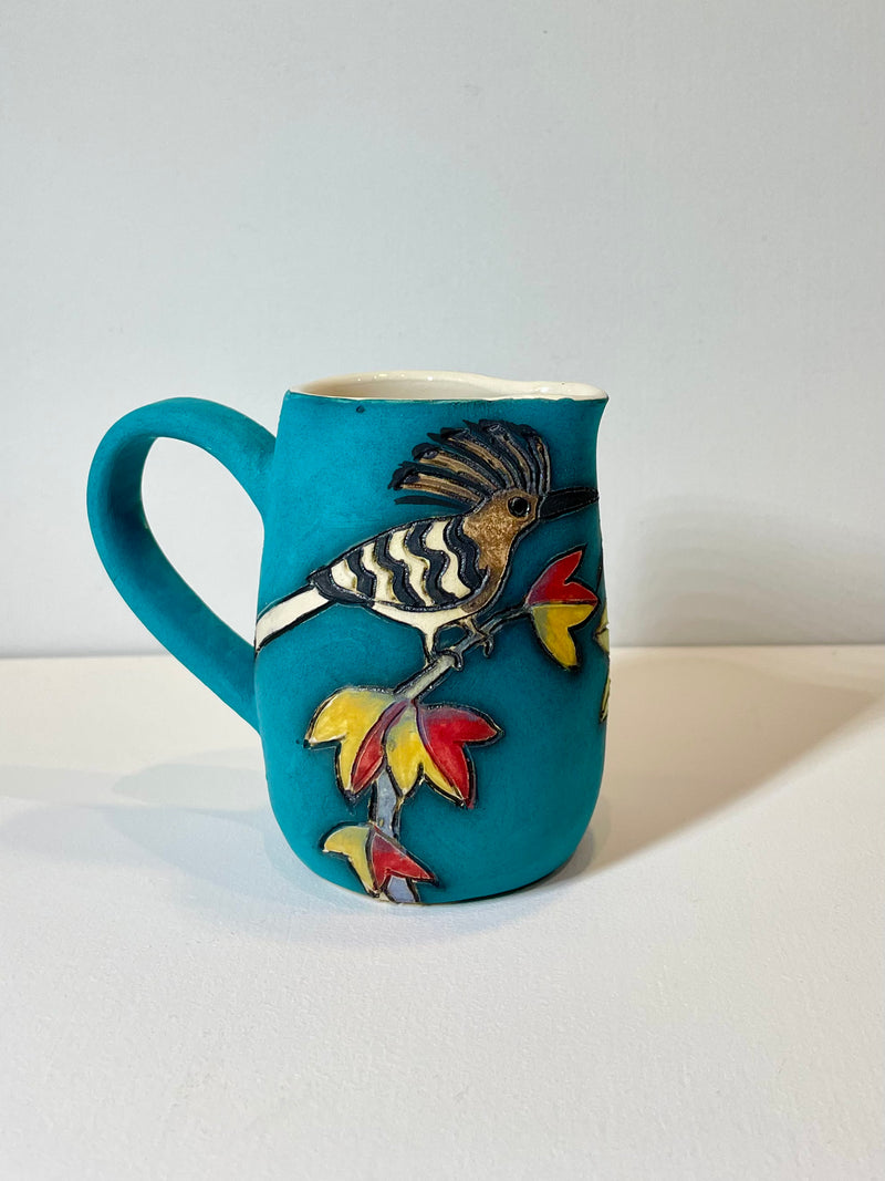 Hoopoe and leaves mini teal Jug by Jeanne Jackson