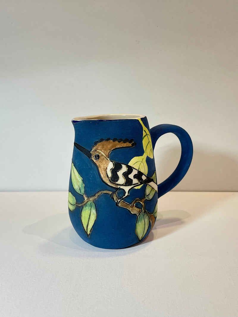 Hoopoe and leaves mini blue Jug by Jeanne Jackson