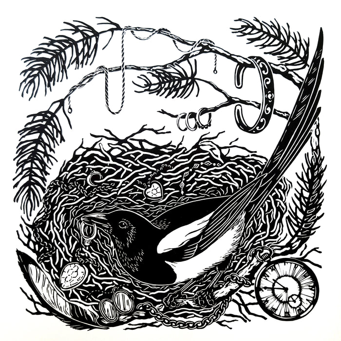 Jewellery Thief - Linocut by Tamsin Jolly