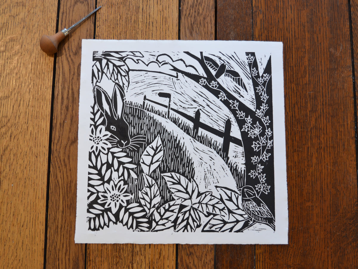 A Walk in the Woods - linoprint by Jennifer Court