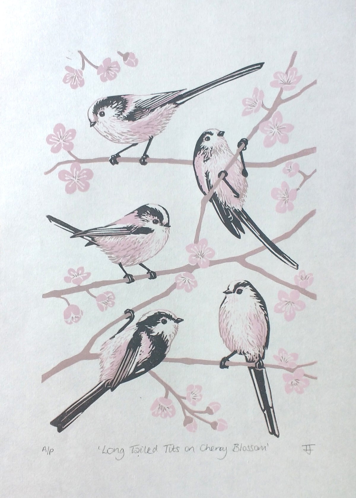 Long Tailed Tits on Cherry Blossom - Linocut by Tamsin Jolly