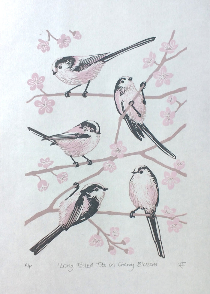 Long Tailed Tits on Cherry Blossom - Linocut by Tamsin Jolly