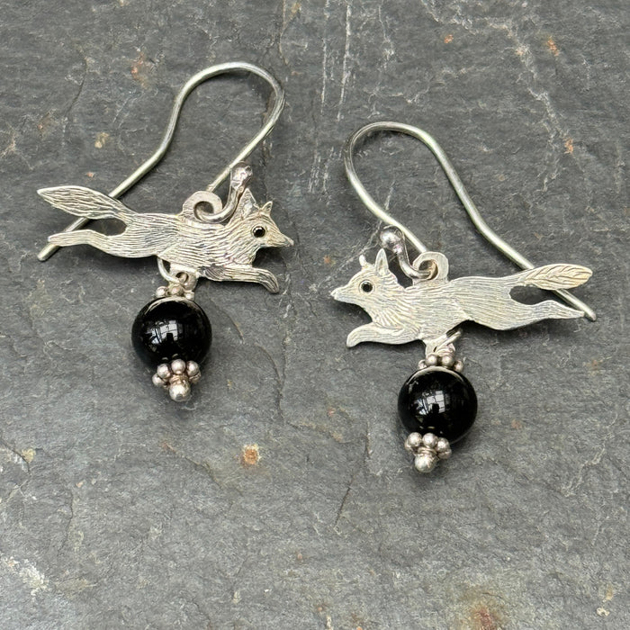 Leaping Fox Earrings with Onyx Beads by Rachel Bailey