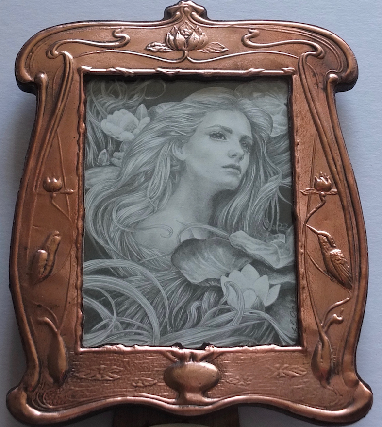 Lily Nymph - Original Pencil Drawing in Copper Art Nouveau Frame by Ed Org