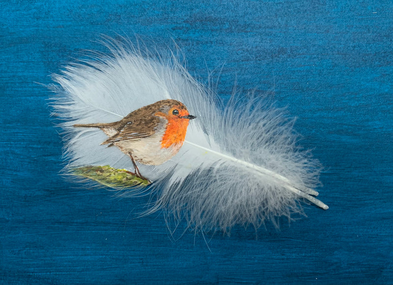 Robin 1 - painting on feather by Mandi Baykaa-Murray - 'The Feather Lady'