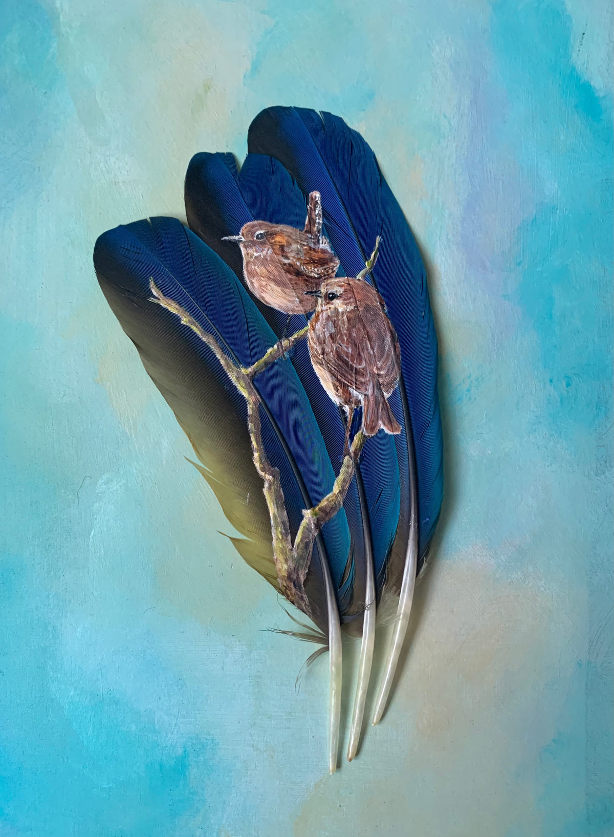 Pair of Wrens - Painting on Feathers by Mandi Baykaa-Murray - 'The Feather Lady'