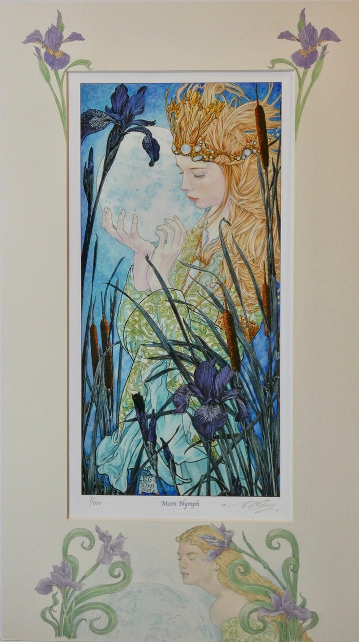 Artistic depiction of a mermaid woman with a crown surrounded by irises holding a full moon.