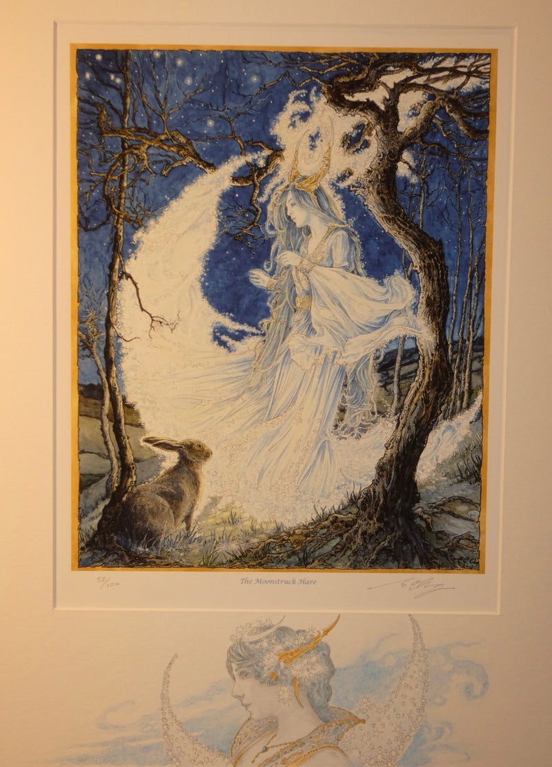 Artwork of a woman in a white dress standing under a crescent moon moonlit sky with a hare beside her.