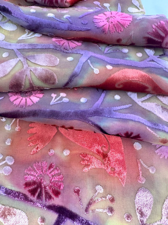 Pastel Bird Design Hand Painted Devore Velvet Scarf by Diane Jones (DJ31)