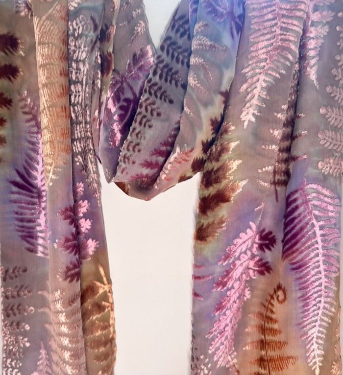 Pastel Fern Design Hand Painted Devore Velvet Scarf by Diane Jones (DJ37)