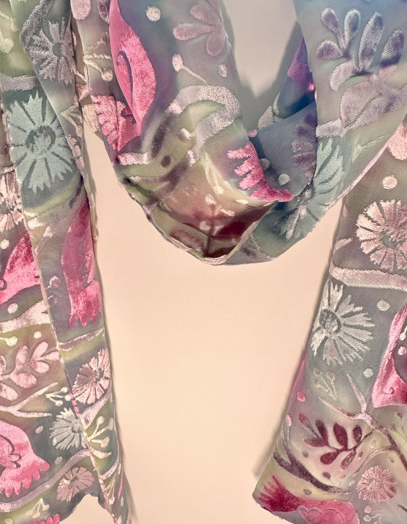 Pastel Bird Design Hand Painted Devore Velvet Scarf by Diane Jones (DJ31)