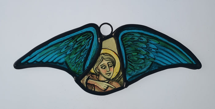 Pointing Angel - hand-crafted stained glass by Rhiannon Powell
