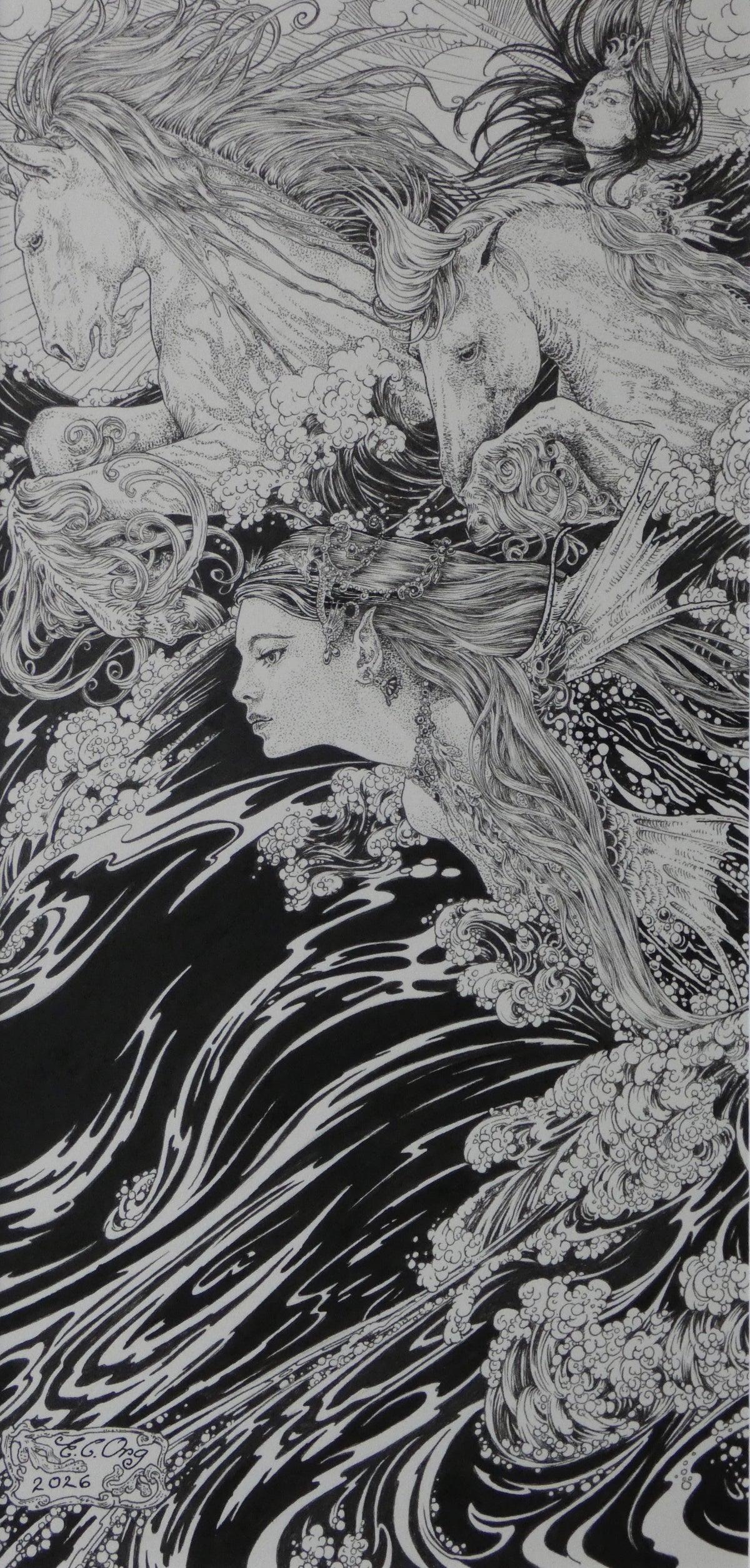 Poseidon’s Horses - Original Pen & Ink Drawing by Ed Org