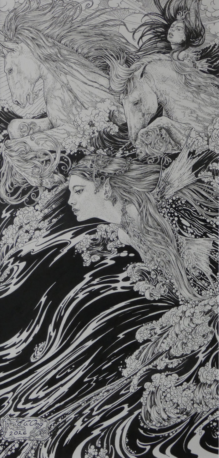 Poseidon’s Horses - Original Pen & Ink Drawing by Ed Org