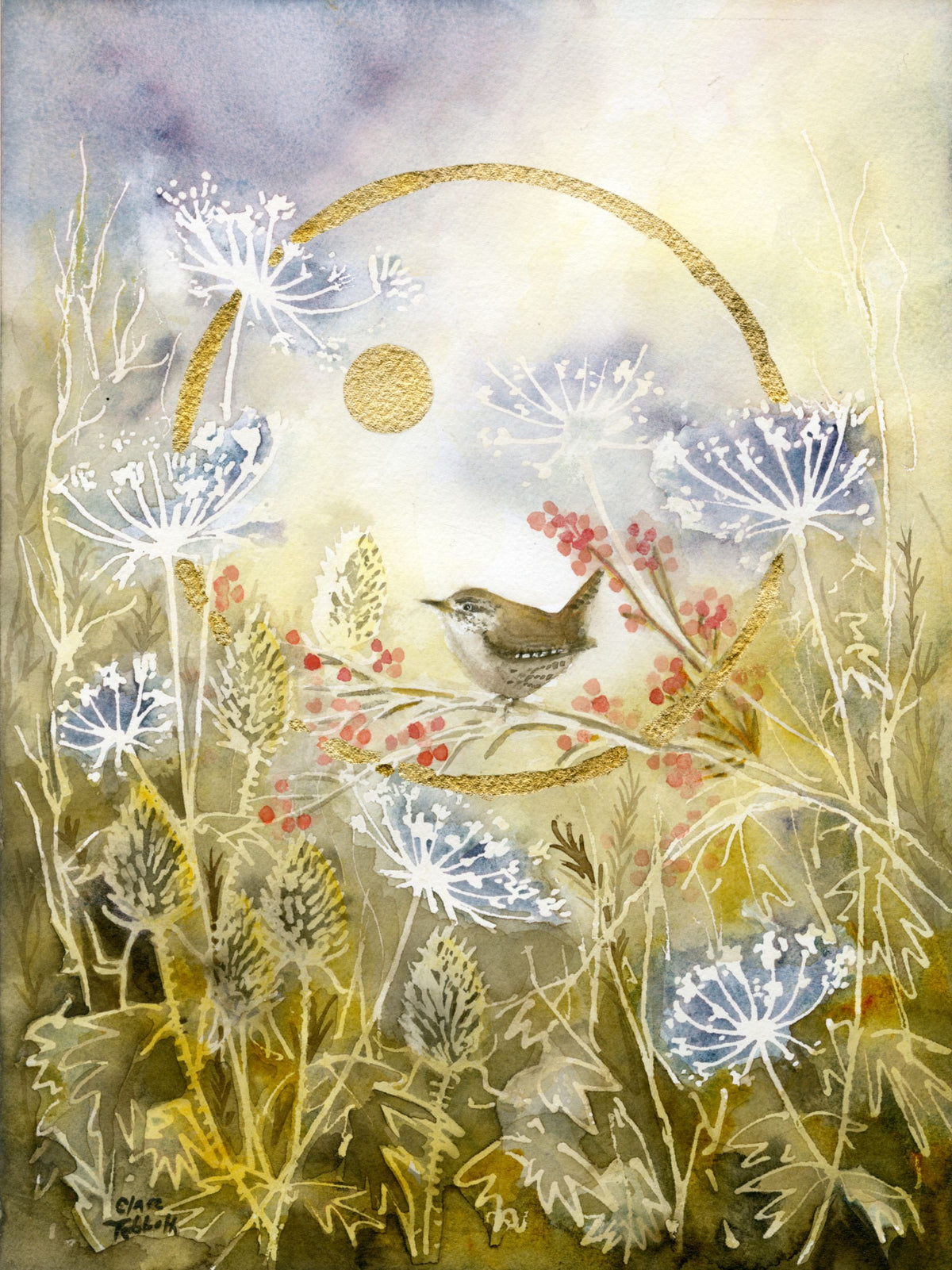 watercolour painting with gilding of a wren in harvest foliage and full moon