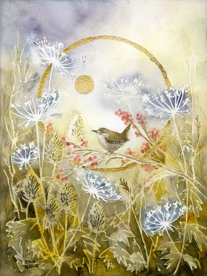 watercolour painting with gilding of a wren in harvest foliage and full moon