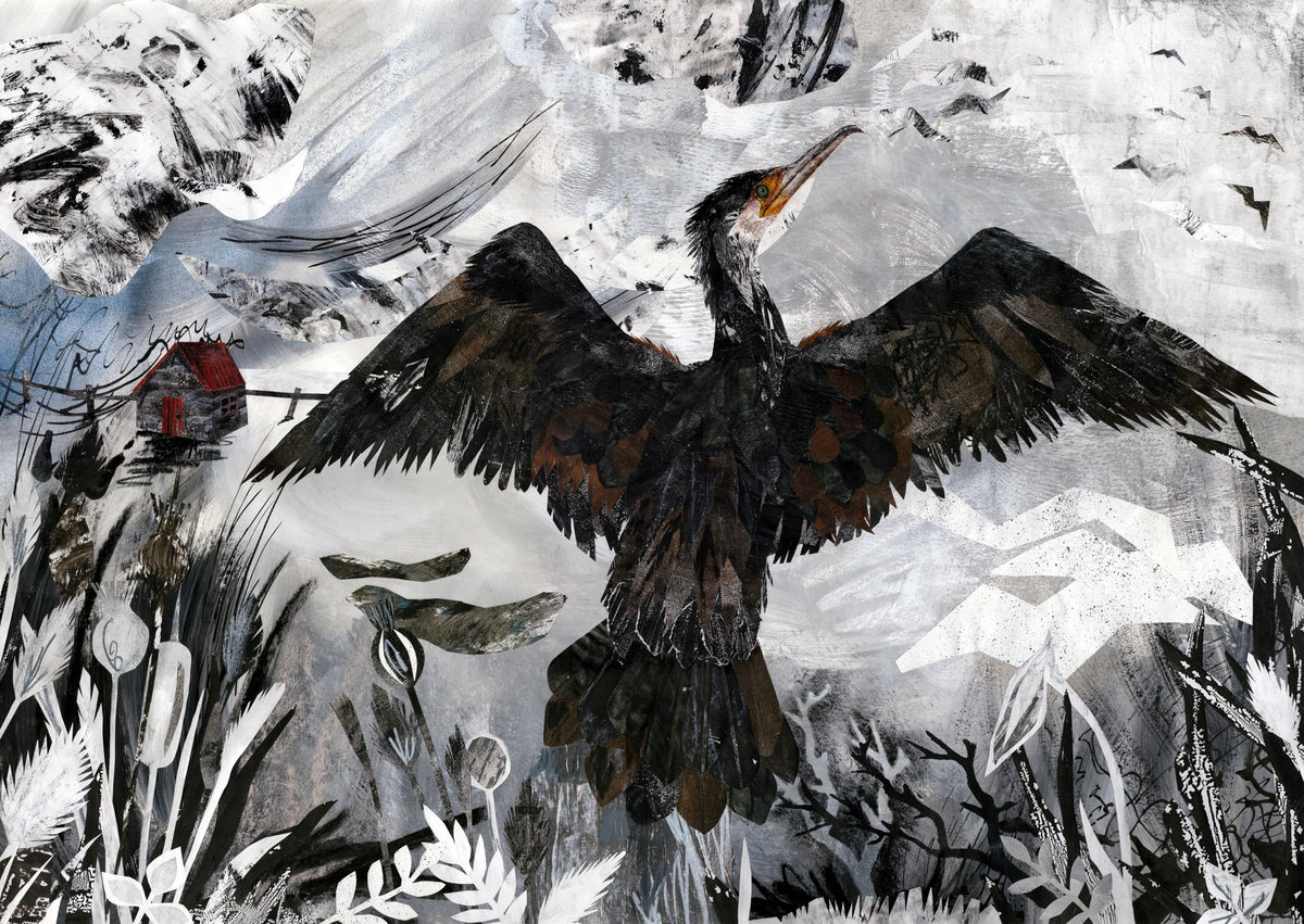 Artistic depiction of a cormorant in flight with a stylized background