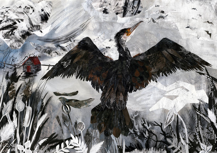 Artistic depiction of a cormorant in flight with a stylized background