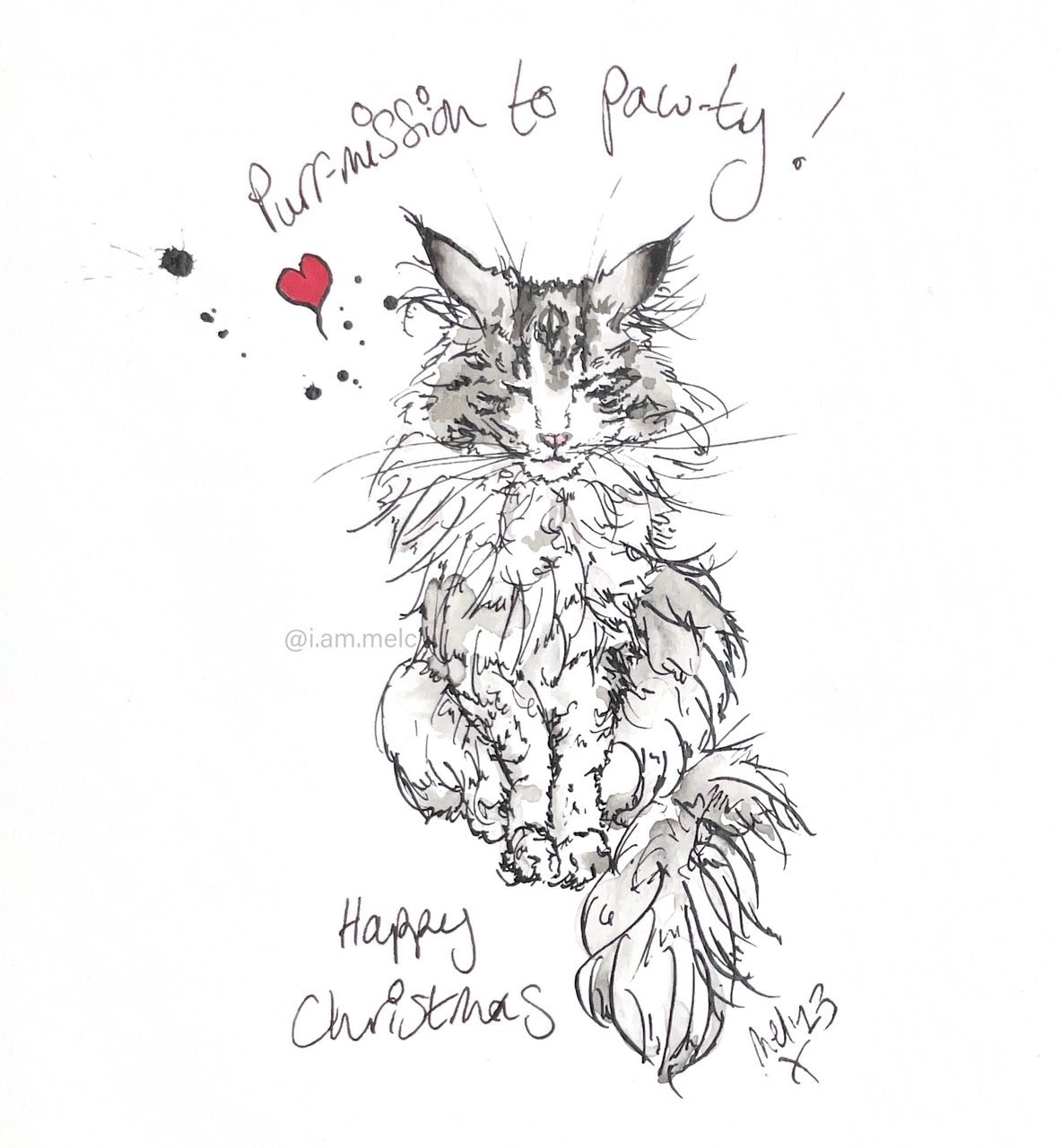 "Purr-mission to Paw-ty" Pen & Ink Cat Drawing by Melanie Cairns.