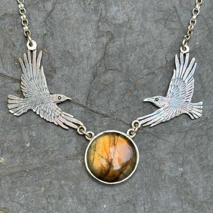 Ravens and the Golden Moon hand-crafted silver necklace by Rachel Bailey