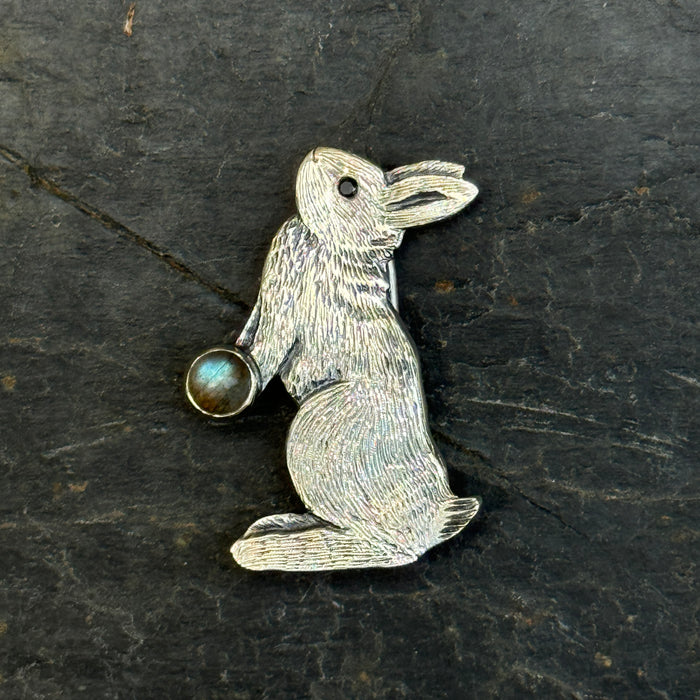 Luna Rabbit Silver & Labradorite Brooch Hand-Crafted by Rachel Bailey