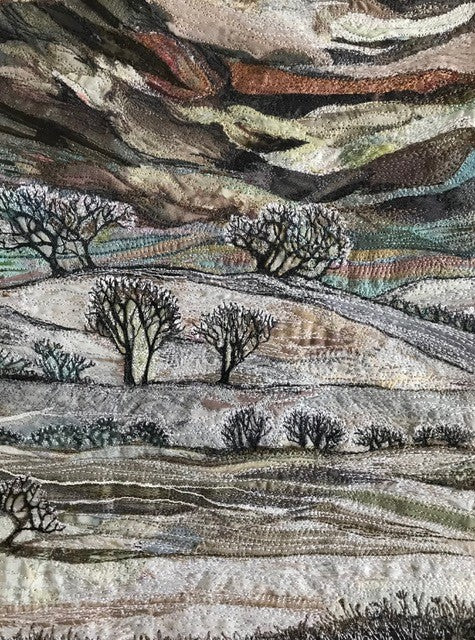 Snow Leaden Skies - embroidered textile art by Rachel Wright