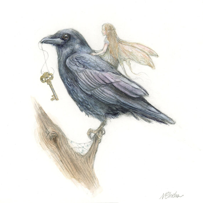 Illustration of a crow with a key and fairy on a branch against a white background