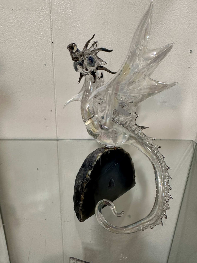 Crystal Glass Dragon Sculpture on Quartz