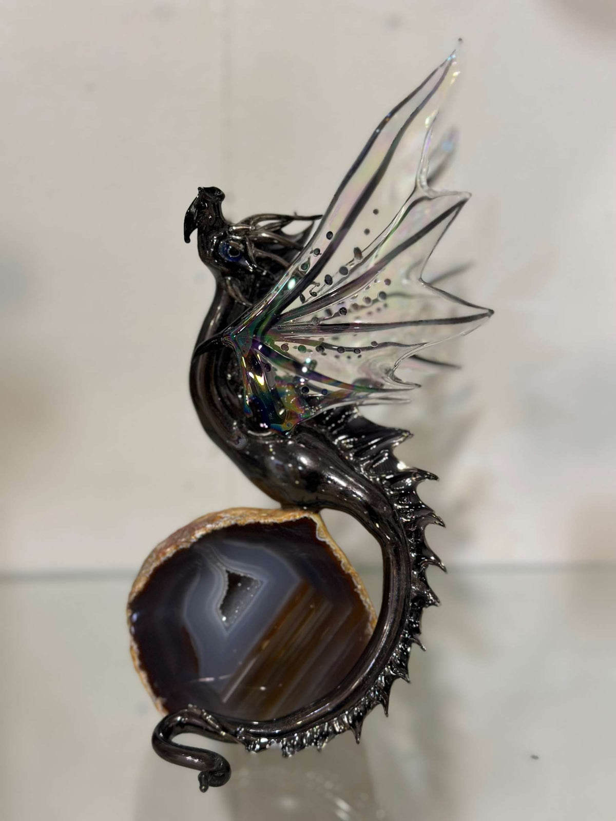 Black & Gold Glass Dragon Sculpture on Quartz by Sandra Young