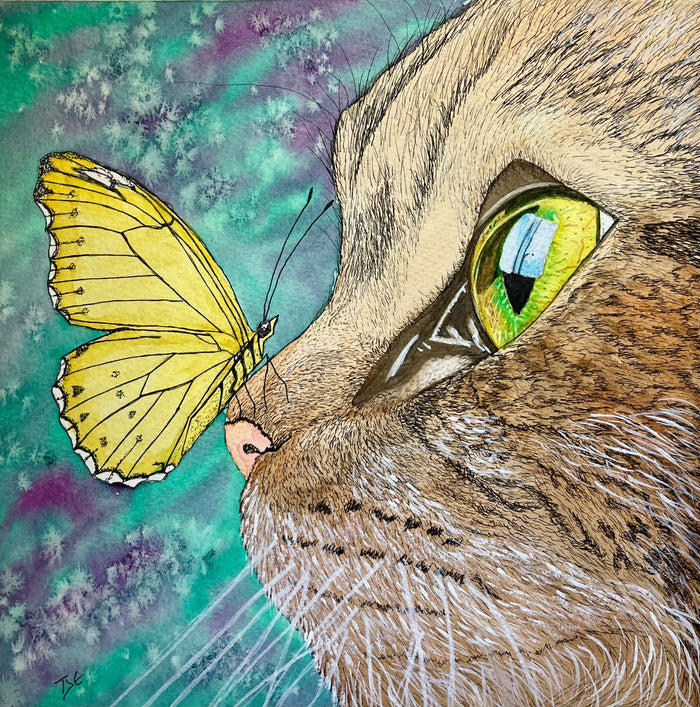 Artistic illustration of a cat's face with a butterfly on its nose against a colorful background