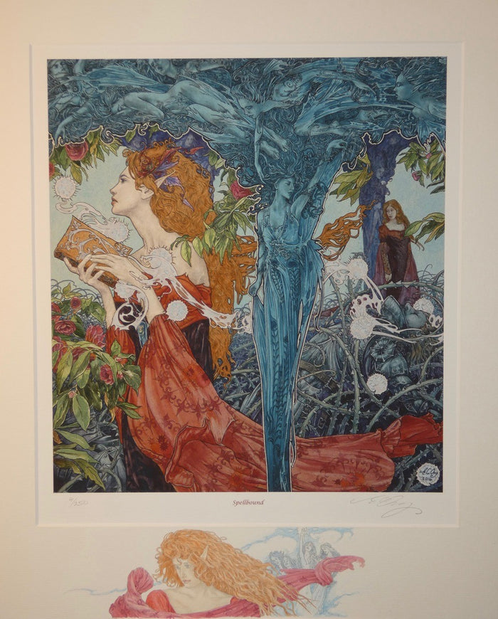 Artistic depiction of a woman with red hair in a fantasy setting, surrounded by trees and nature.