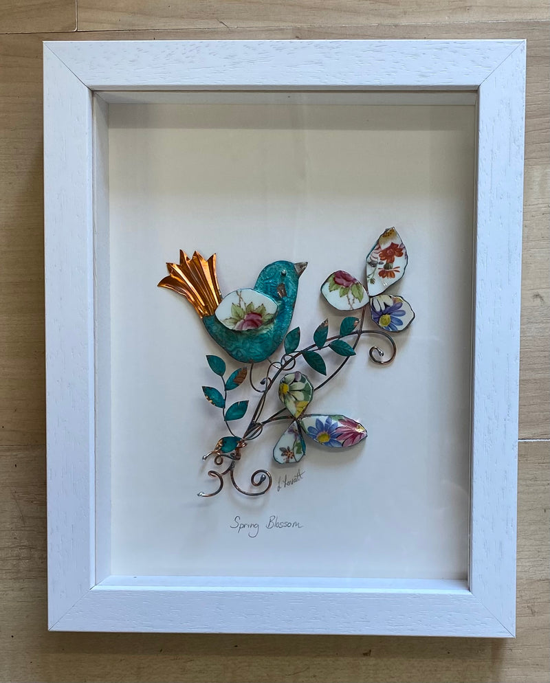 Spring Blossom & Bird Framed Assemblage Sculpture in Mixed Media by Linda Lovatt