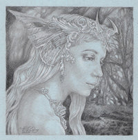Pencil drawing of a fairy with detailed headgear against a natural background