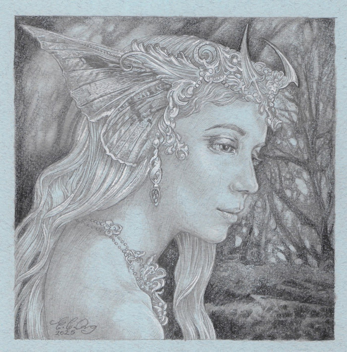 Pencil drawing of a fairy with detailed headgear against a natural background