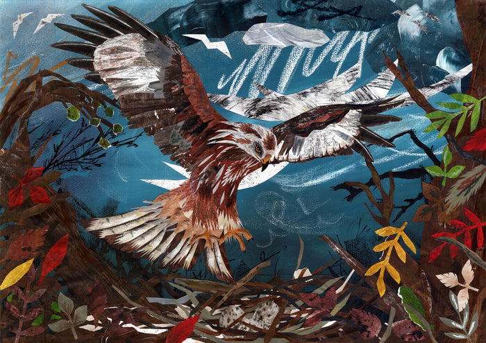 Collage of a red kite in flight with nature elements and text overlay