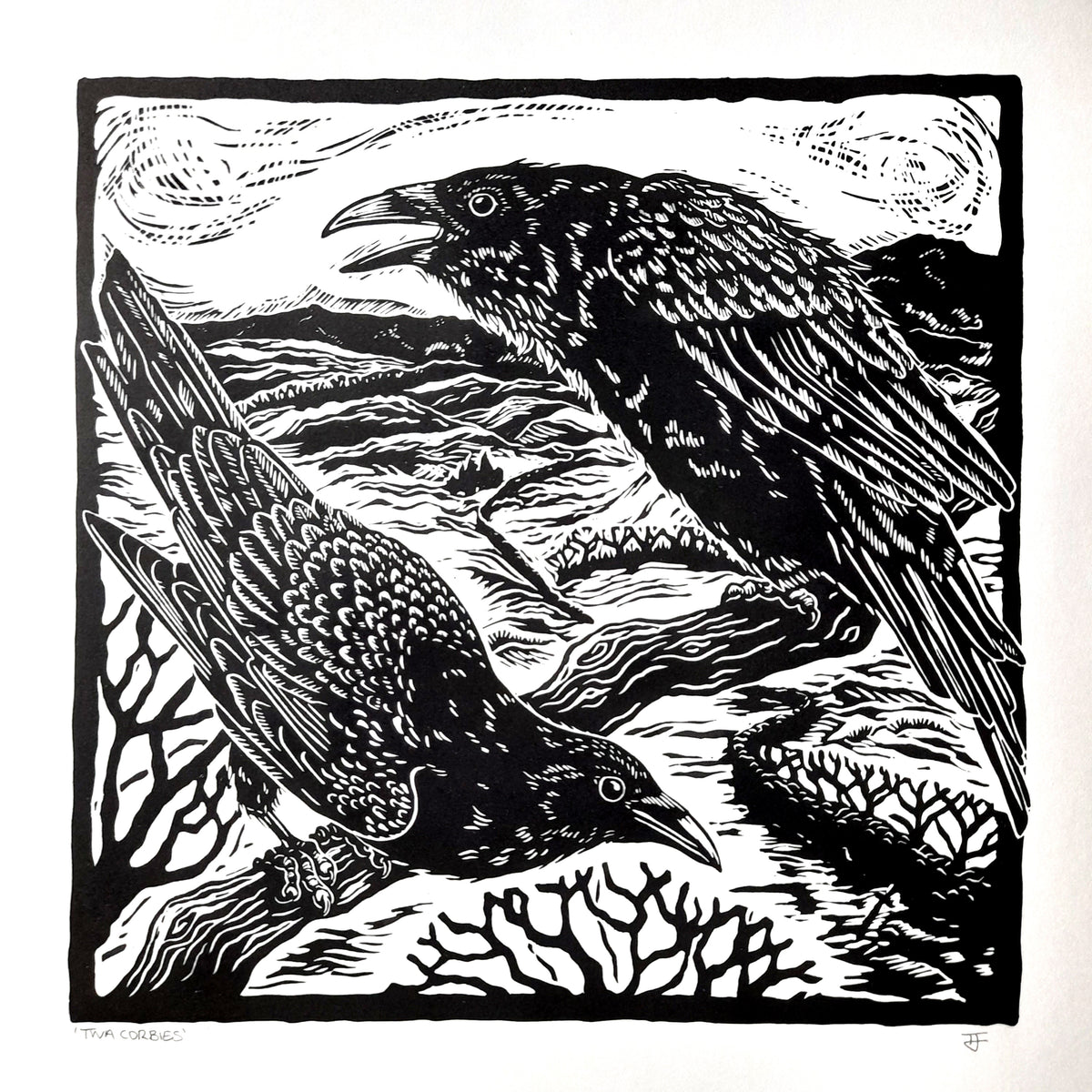 Twa Corbies - Linocut by Tamsin Jolly