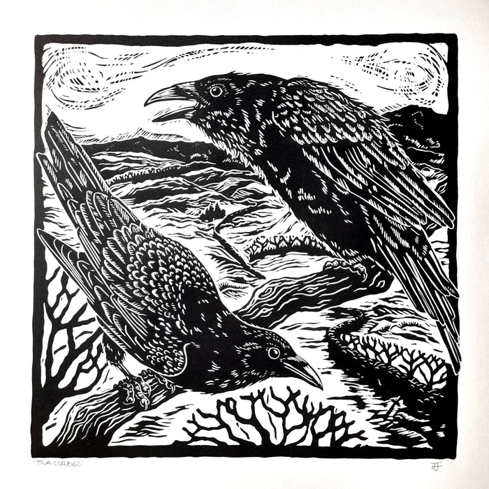 Twa Corbies - Linocut by Tamsin Jolly