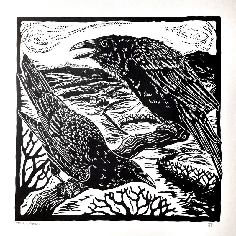 Twa Corbies - Linocut by Tamsin Jolly