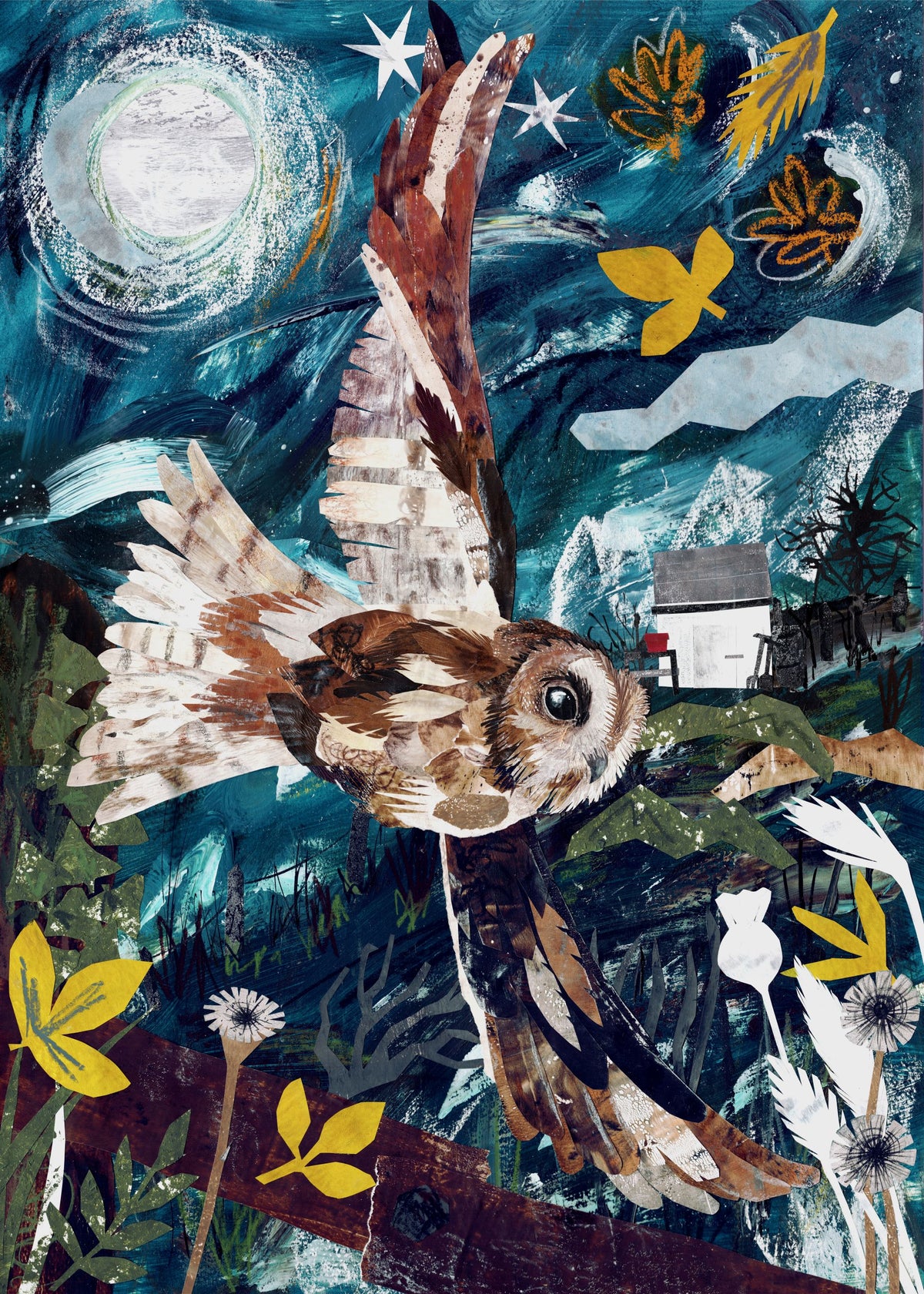 Collage art of an owl with nature elements on a dark blue background