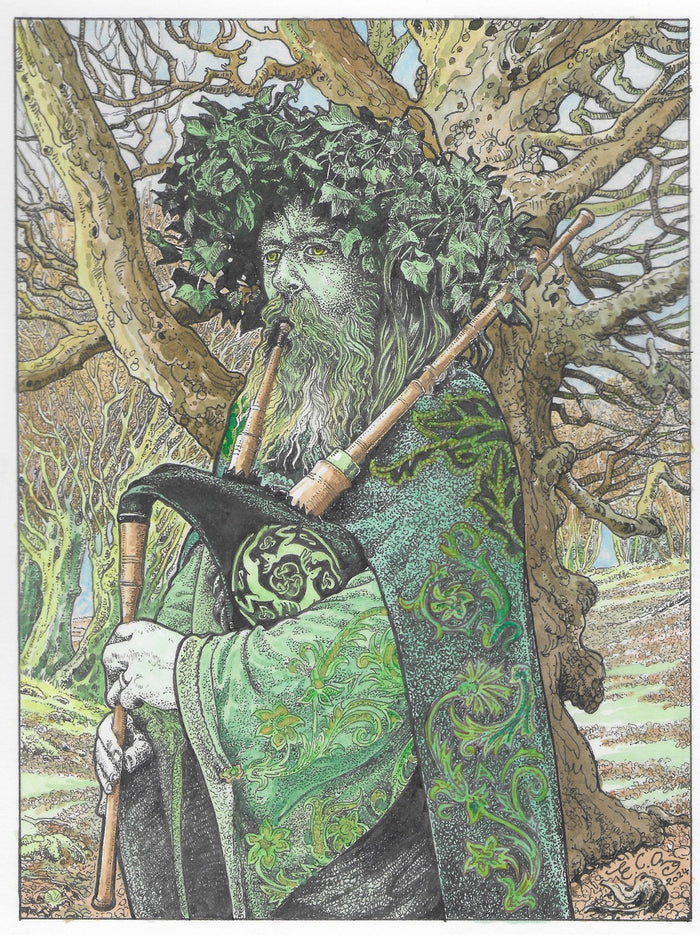 The Green Man - Pen and ink and watercolour in gold plated brass frame by Ed Org