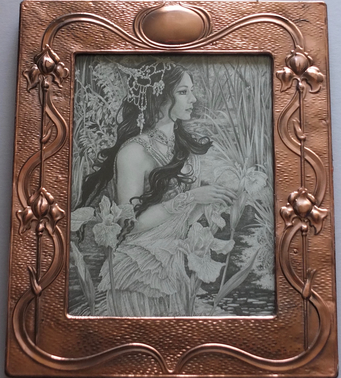The Iris Maiden - Original Pencil Drawing in Copper Art Nouveau Frame by Ed Org