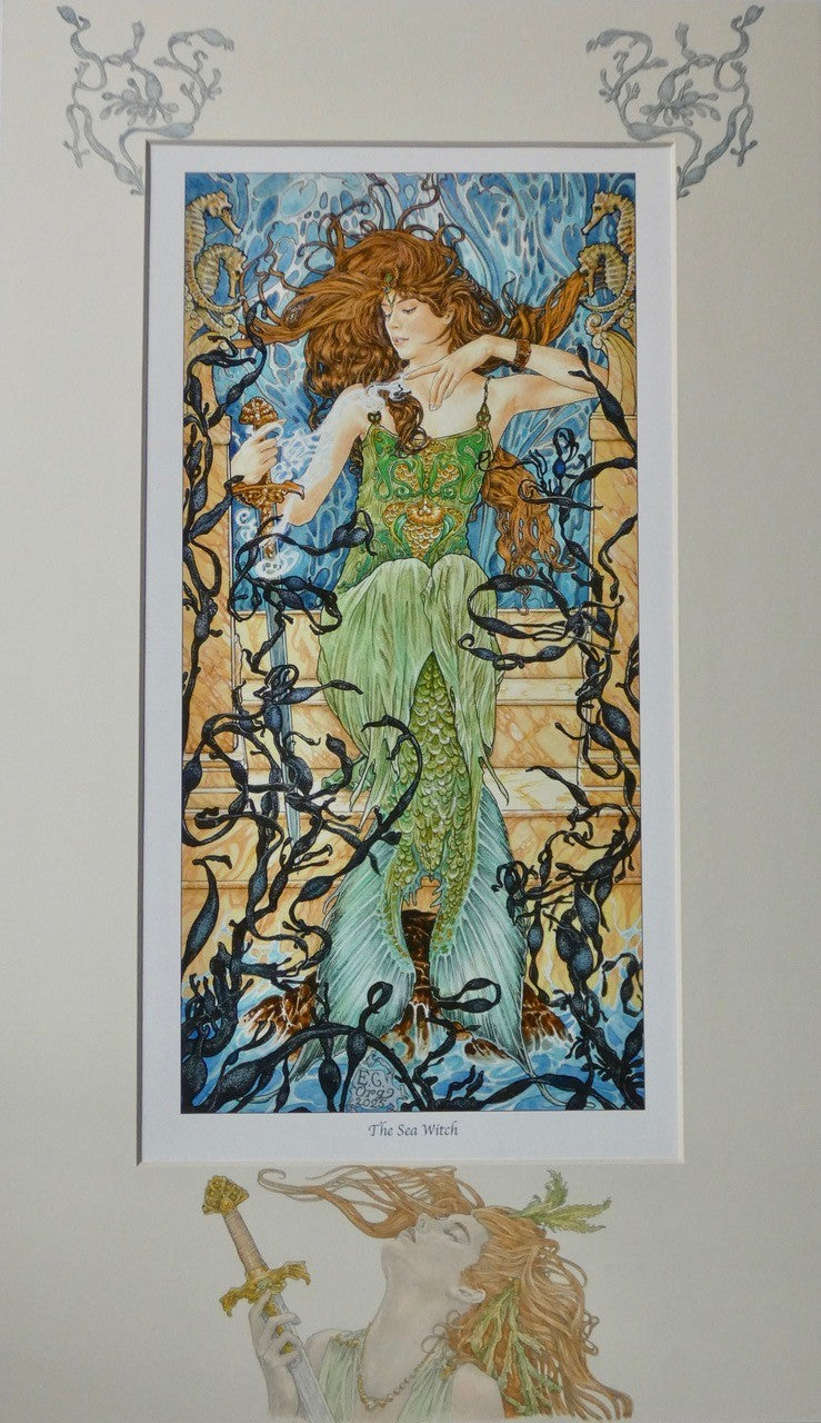 Artistic depiction of a mermaid in a green dress surrounded by seaweed on a decorative background.