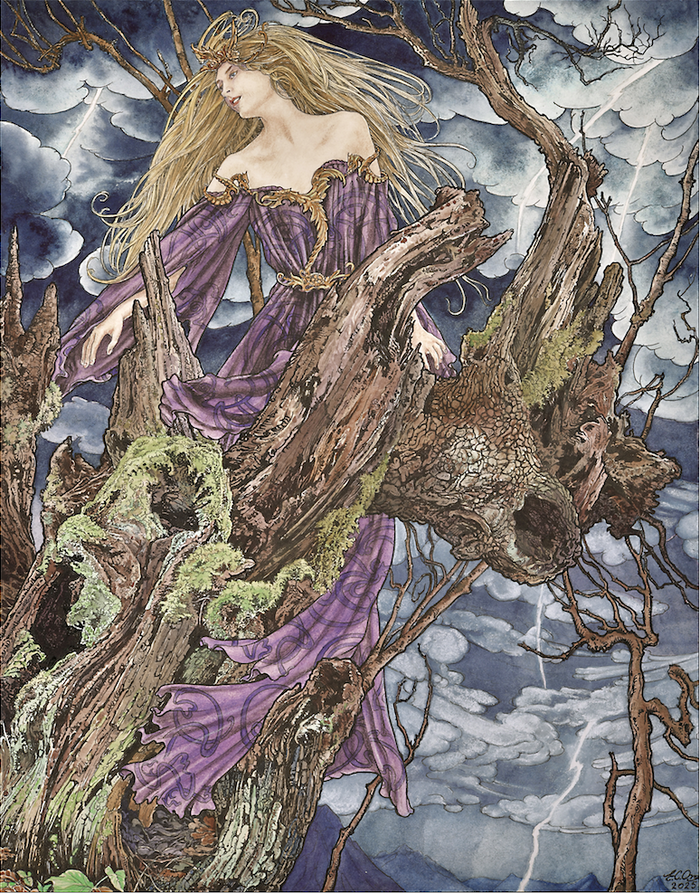 Fairy in a purple dress sitting on a tree branch with a fantasy landscape background