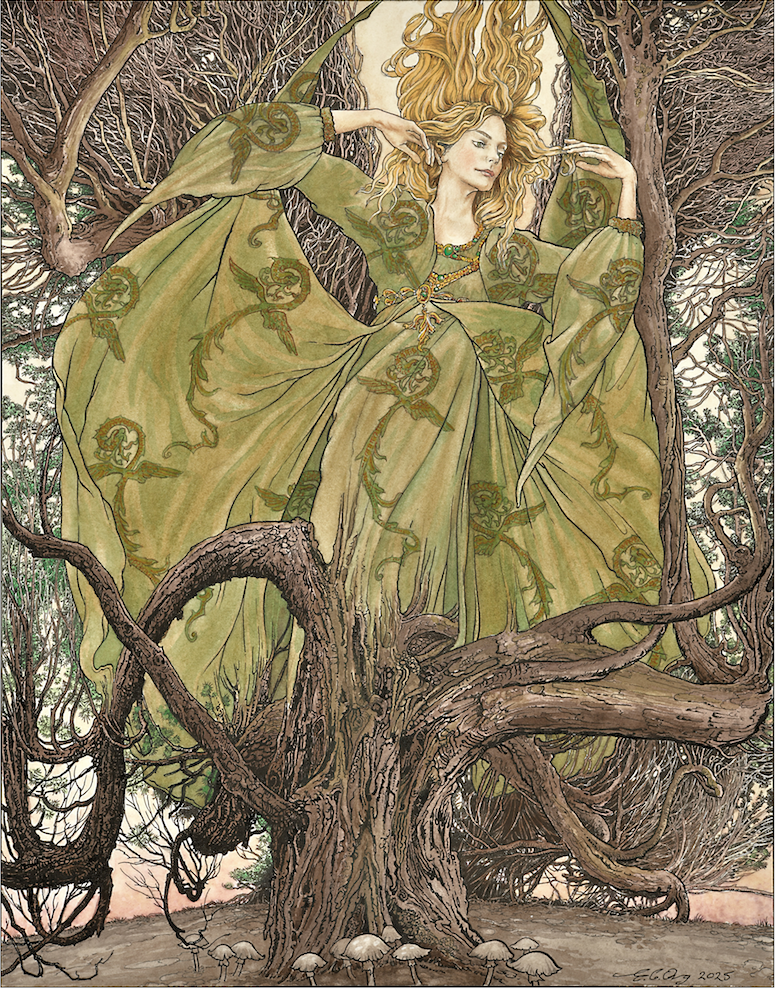 Fairy-like figure in a green dress amidst trees and nature