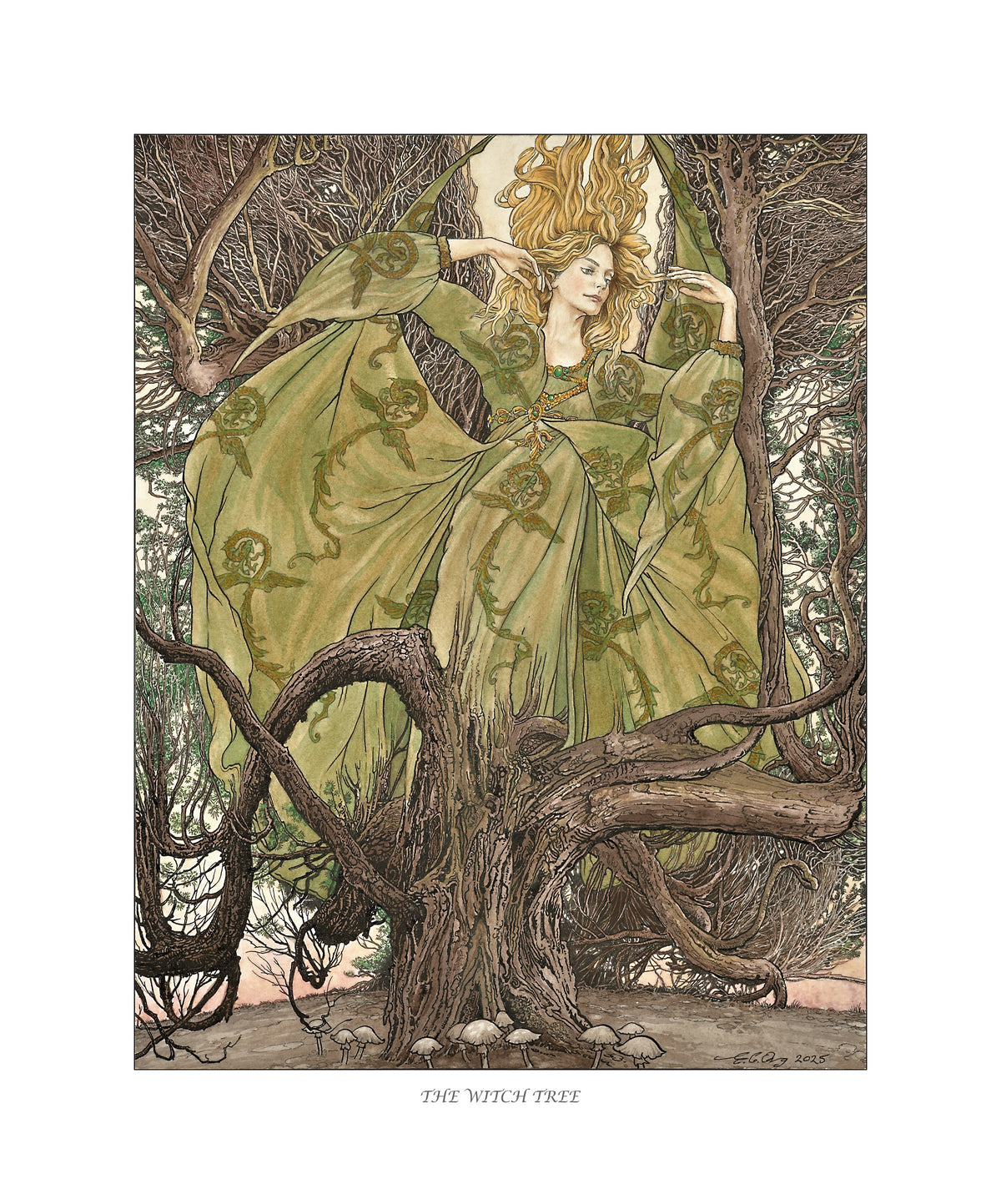 Artistic depiction of a fairy woman intertwined with a tree in a forest setting