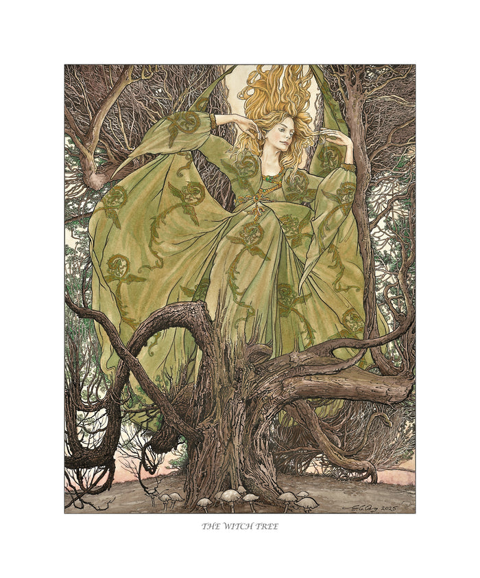 Artistic depiction of a fairy woman intertwined with a tree in a forest setting